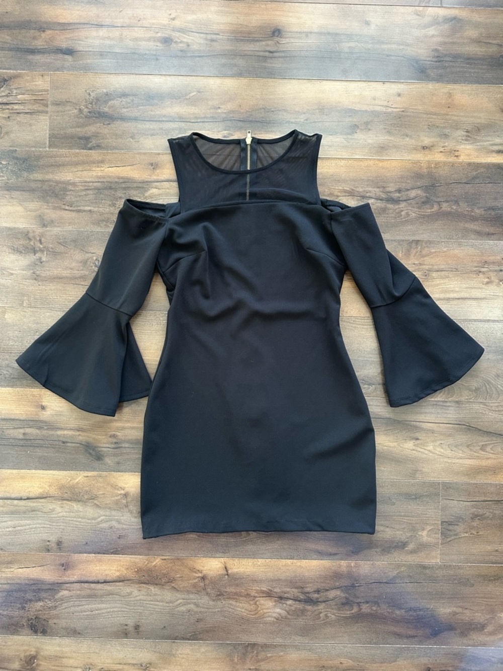 Premier Amour Black Mesh Cold Shoulder Bell Sleeve Mini Dress 4
